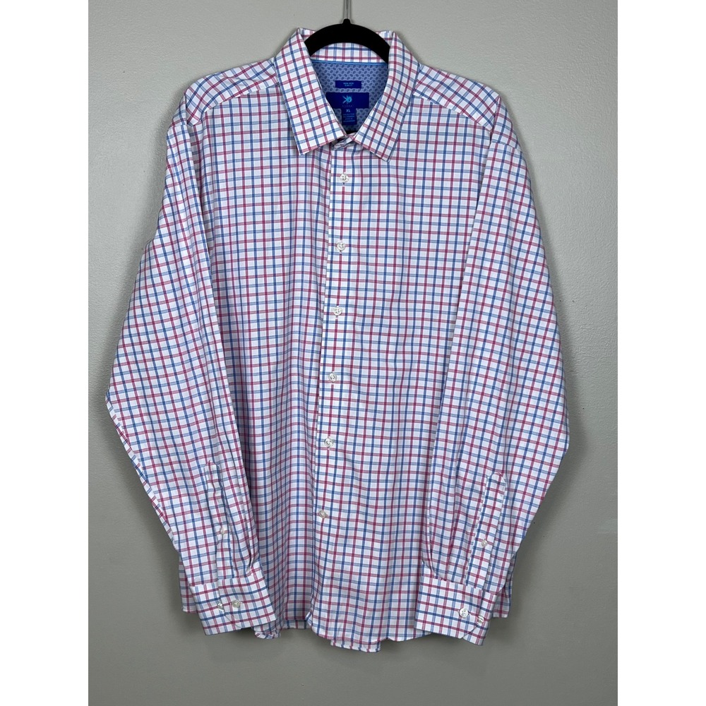 Egara Mens XL Slim Fit Non-Iron Dress Shirt Pink Blue Plaid Cotton Stretch